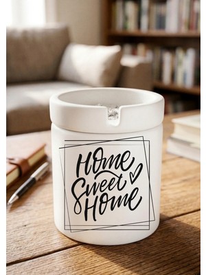 Eylül Design Home Sweet Home Minimalist Ev Tasarımlı Baskılı Seramik Küllük Dekoratif Kokusuz Kül Tablası