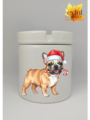 Eylül Design Yılbaşı Şapkalı Sevimli Köpek Baskılı Seramik Küllük Kokusuz Kültablası