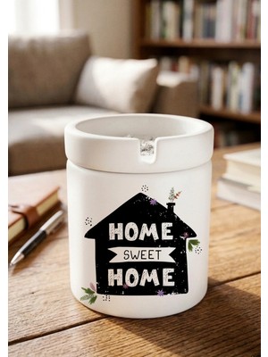 Eylül Design Home Sweet Home Minimalist Ev Tasarımlı Baskılı Seramik Küllük Dekoratif Kokusuz Kül Tablası