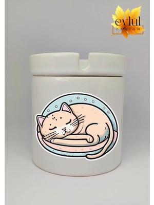 Eylül Design Uyuyan Kedi Özel Tasarım Baskılı Seramik Küllük Kokusuz Kültablası