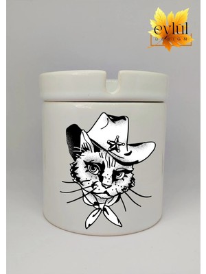 Eylül Design Kovboy Kedi Özel Tasarım Baskılı Seramik Küllük Kokusuz Kültablası