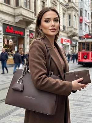 Just Polo Lüks Tasarım Büyük Boy Premium Gümüş Logolu El Çantası ve Cüzdanı Kombin Tote Bag Ebat : 22 x 34 cm