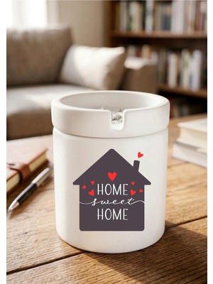 Eylül Design Home Sweet Home Minimalist Ev Tasarımlı Baskılı Seramik Küllük Dekoratif Kokusuz Kül Tablası