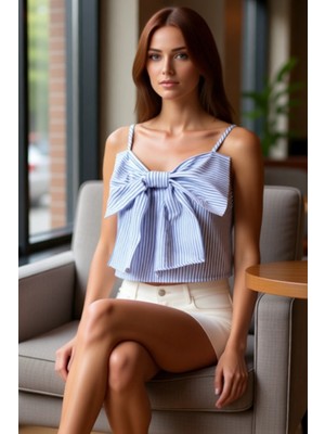 PayBuy Şık Çizgili Basic Bluz Fiyonk Detaylı Yazlık Zarifane Tasarım Uzun Ömürlü