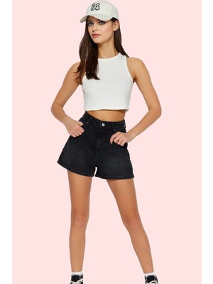 PayBuy Kadın Moda Yüksek Bel City Short Denim Şort Düz Desen Regular Boy Pamuklu Günlük Kullanım Hafta Sonu