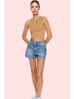 PayBuy Kadın Moda Yüksek Bel City Short Denim Şort Düz Desen Regular Boy Pamuklu Günlük Kullanım Hafta Sonu