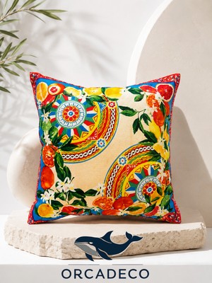 Orcadeco Akdeniz Desenli Dekoratif Kırlent Kılıfı 45X45 cm | Renkli Narenciye Çiçek Motifli Modern Yastık Kılıfı
