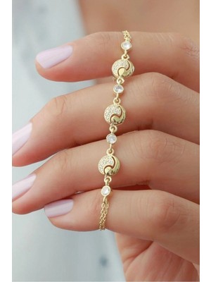 EDSA Silver 925 Ayar Gold Yuvarlak Zirkon Taşlı Gümüş Bileklik