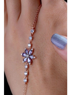 EDSA Silver 925 Ayar Rose Mor Taşlı Lotus Gümüş Bileklik