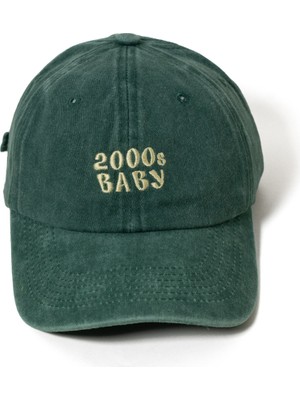Nome Studio Nakışlı Yeşil Şapka Y2K Streetwear Şapka Yıkamalı Kumaşlı ve Açık Sarı Yazı Nakışlı Pamuklu Şapka