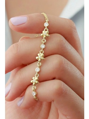 EDSA Silver 925 Ayar Gold Çiçek Zirkon Taşlı Gümüş Bileklik