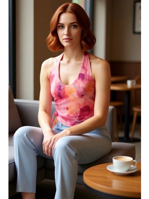 PayBuy Yazlık Soyut Desenli Crop Bluz Boyundan Bağlamalı Örme Tül Kumaş Modern Stil Şık Görünüm