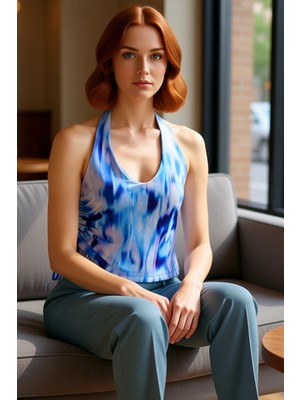 PayBuy Yazlık Soyut Desenli Crop Bluz Boyundan Bağlamalı Örme Tül Kumaş Modern Stil Şık Görünüm
