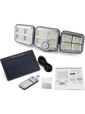 Eser Ticarett Güneş Enerjili Solar Bahçe Aydınlatması - 3 Başlıklı Hareket Sensörlü Uzaktan Kumandalı LED Duvar Lambası