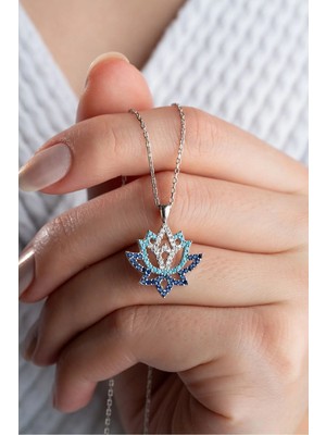 EDSA Silver 925 Ayar Gümüş Mavi Zirkon Taşlı Lotus Çiçeği Kolye