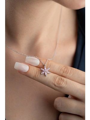 EDSA Silver 925 Ayar Gümüş Pembe Taşlı Lotus Kolye