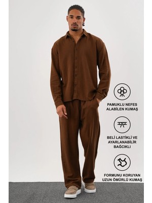 Redline Flare Kışlık Baggy Pantolon Oversize Gömlek Alt Üst Takım %100 Pamuk Kahve