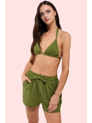 PayBuy Kadın Moda Müslin Cepli Mini Plaj Şort Relaxed Kalıp Pamuk Yazlık Şort Günlük Kullanım