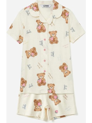 Lc Waikiki Yeni Sezon Gömlek Yaka Baskılı Kız Çocuk Şortlu Pijama Takım