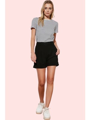 PayBuy Kadın Moda Dokuma Şort Yüksek Bel Geniş Paça Piliseli Aerobin Kumaş Günlük Yazlık Şort