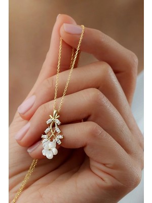 EDSA Silver 925 Ayar Gold Zirkon Taşlı Sedefli Gümüş Kolye