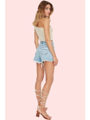 PayBuy Kadın Moda Yüksek Bel Denim Şort Boru Paça Pamuklu Yazlık Günlük Kullanım Yazlık Şort