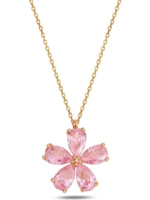 EDSA Silver 925 Ayar Gold Zirkon Pembe Taşlı Yasemin Çiçeği Gümüş Kolye