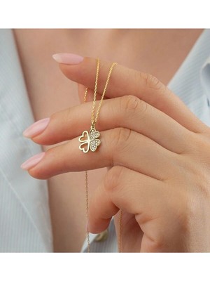EDSA Silver 925 Ayar Gold Yonca Zirkon Taşlı Gümüş Kolye