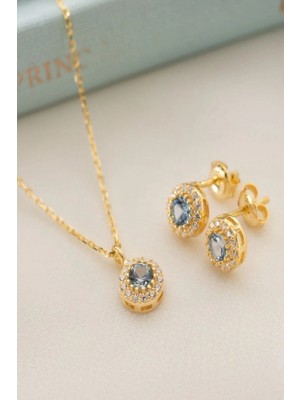 EDSA Silver 925 Ayar Gümüş Mart Ayı Doğum Taşı ( Aquamarine ) Kolye - Küpe Seti