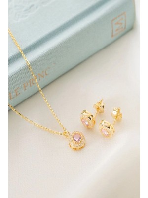 EDSA Silver 925 Ayar Gümüş Ekim Ayı Doğum Taşı ( Pink Tourmaline ) Kolye - Küpe Seti