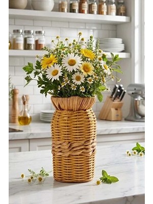 NEVVALİFE Rattan Çok Amaçlı Dekoratif Hasır Vazo-El Yapımı Modern Şık Tasarım Vazo Açık Kahverengi Orta Kısımlar Bej Renk 19 cm