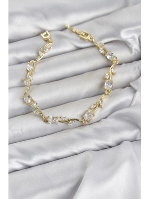 Teknoparkx Mey Ithalat® Pirinç Gold Renk Zirkon Taşlı Çiçek Model Kadın Bileklik