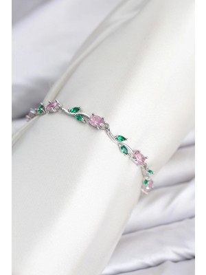 AyrStore Pirinç Gümüş Renk Pembe Zirkon Taşlı Çiçek Model Kadın Bileklik