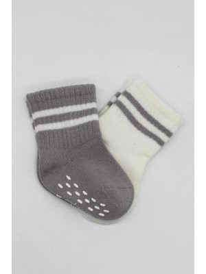 AyrStore Çemberli Kaymaz Soket Çorap 2'li BS10125 Gri Ekru