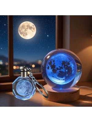 MiraLive Dolunay Tasarımlı Renk Değiştiren Cam Küre ve Anahtarlık Set