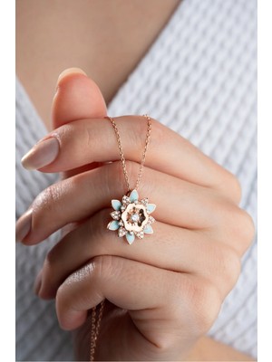 EDSA Silver 925 Ayar Gümüş Rose Mavi Mineli Lotus Kolye