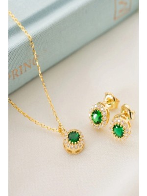 EDSA Silver 925 Ayar Gümüş Mayıs Ayı Doğum Taşı ( Emerald ) Kolye - Küpe Seti
