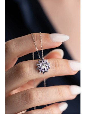 EDSA Silver 925 Ayar Gümüş Zirkon Mor Taşlı Lotus Kolye