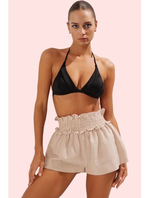 PayBuy Kadın Moda Plaj Şortu Düz Desen Flamlı Pamuk Yüksek Bel Kısa Boy Yazlık Şort Hafta Sonu