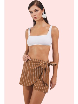 PayBuy Kadın Moda Şort Etek Yazlık Dokuma Dar Paça Çizgili Bağlama Detaylı Plaj Yazlık Şort