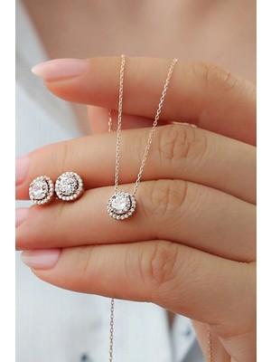 EDSA Silver 925 Ayar Gümüş Pırlanta Model Kolye Küpe Seti ( Rose Gold )