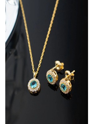 EDSA Silver 925 Ayar Gümüş Aralık Ayı Doğum Taşı ( Blue Topaz ) Kolye - Küpe Seti
