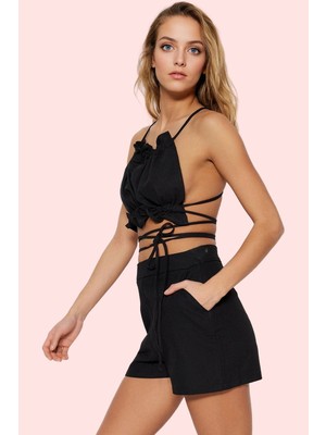 PayBuy Kadın Moda Keten Karışımlı Normal Bel Boru Paça Plaj Şort Yazlık Şort Günlük Kullanım