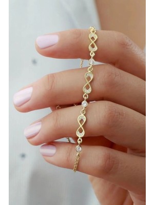 EDSA Silver 925 Ayar Gold 3'lü Sonsuzluk Zirkon Taşlı Gümüş Bileklik