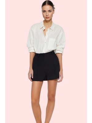 PayBuy Kadın Moda Nervür Detaylı Dokuma Şort Yüksek Bel Boru Paça Günlük Kombinler Yazlık Şort
