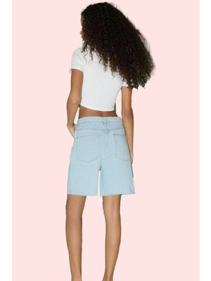 PayBuy Kadın Moda Yüksek Bel Denim Bermuda Şort Boru Paça Rahat Yaz Günlük Hafta Sonu Kaliteli Malzeme
