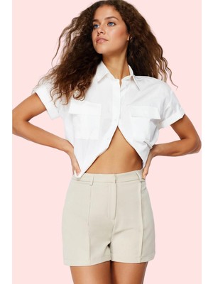 PayBuy Kadın Moda Nervür Detaylı Dokuma Şort Yüksek Bel Boru Paça Günlük Kombinler Yazlık Şort