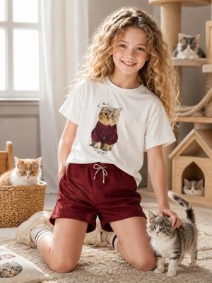 Zekids Kız Çocuk Oversize Kedi Baskılı Tasarım T-Shirt