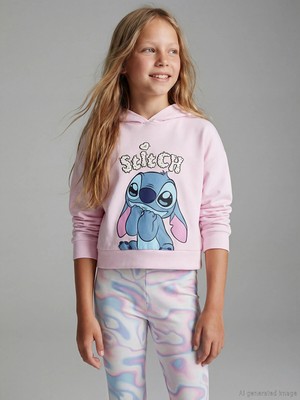 Lc Waikiki Yeni Sezon Kapüşonlu Stitch Baskılı Kız Çocuk Sweatshirt