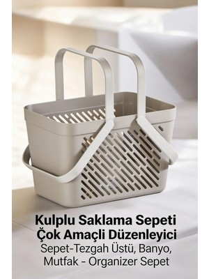 Motto Ticaret 1'li Gri Çok Amaçlı Kulplu Sepet Mutfak Banyo Organizer Taşıma Sepeti